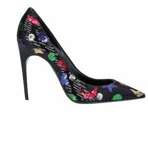 Saint Laurent Black Sequin Pointed Toe Stiletto with Multicolor Embellishments